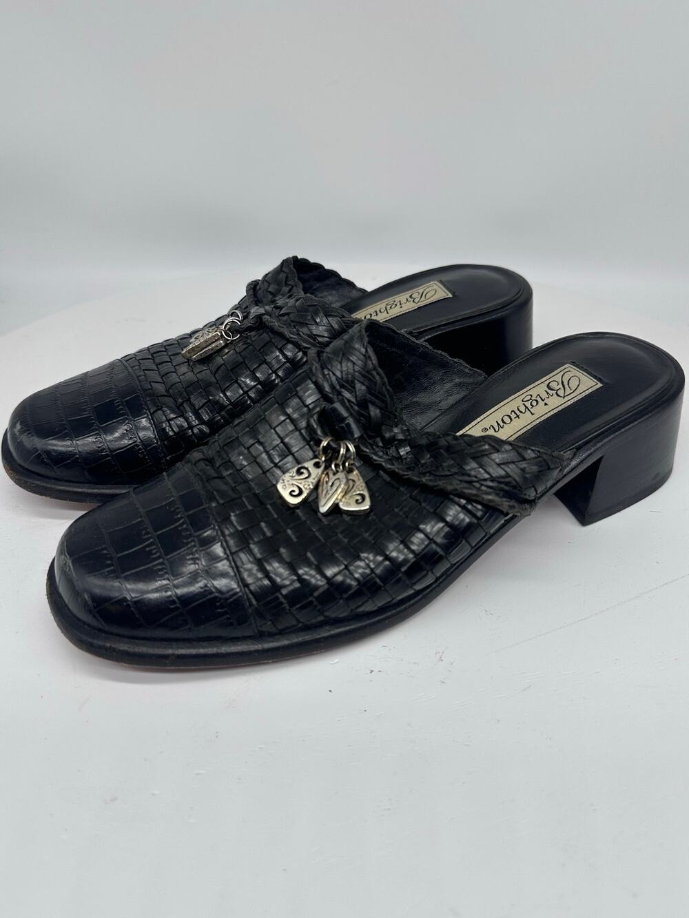 Brighton Franki Black Croc Embossed Woven Leather Mules Silver Hardware 6.5